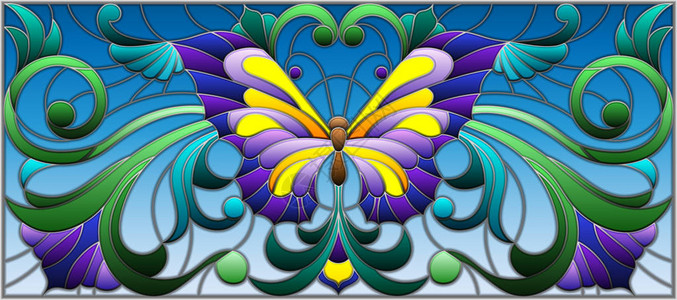 使用蓝色背景的亮蝴蝶和花形装饰品的彩色图片