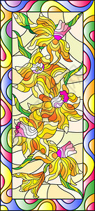 光背景垂直方向上带有水仙的彩色玻璃风格插图图片