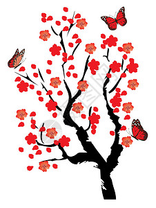 樱花树与蝴蝶的矢量插图背景图片