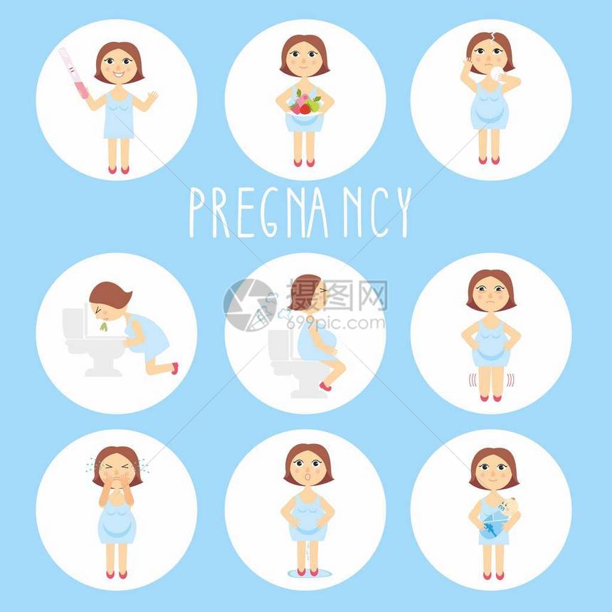 矢量插图妊娠症状的迹象妊娠毒血症肿胀情绪不稳定胃病妈和宝在白图片