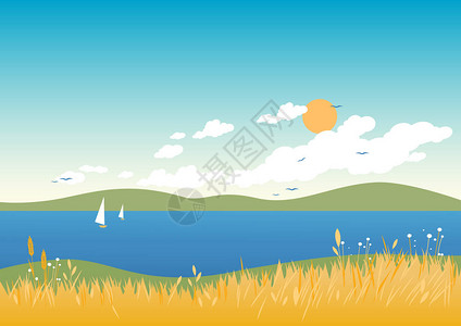 用鲜花小麦和草描绘温暖的夏日海滩景观图片