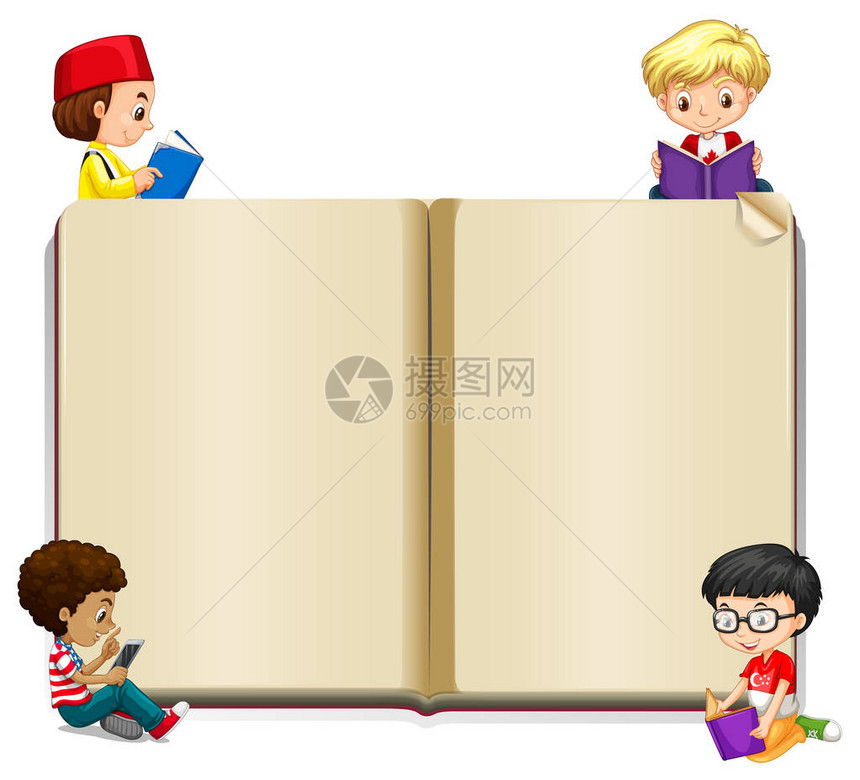 带孩子阅读插图的书籍模板图片