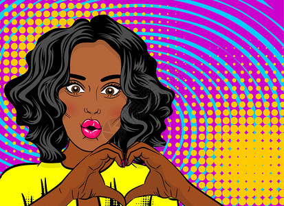 黑人年轻女流行艺术风格Wow脸露心手漫画文本彩色半通反转点背景积极的女孩时装风范背景图片