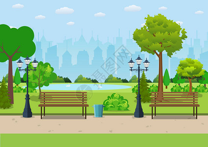 公园里有树和的长凳平面样式的矢量插图图片