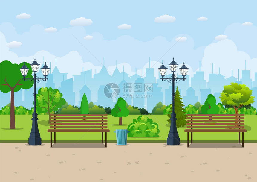 公园里有树和的长凳平面样式的矢量插图图片