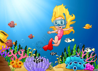 卡通女孩在海中潜水的矢量图解背景图片