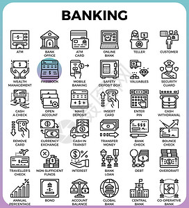 银行概念详细线图标设置为现代线图标样式概念图片