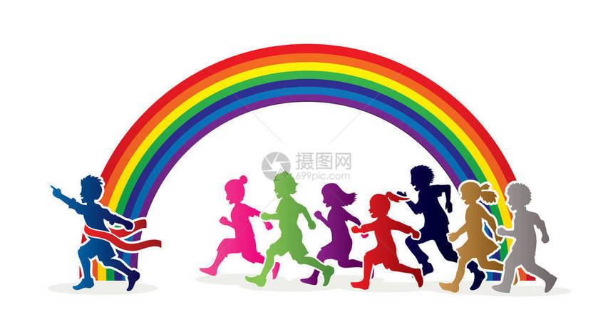 获胜者组儿童跑马拉松小男孩和女孩一起玩耍团队合作友谊设计在彩虹背图片