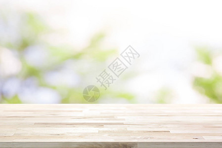 树枝上模糊的白色绿自然抽象背景上的木桌面图片