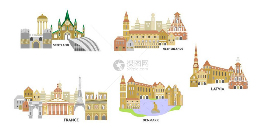 说明一些欧洲的主要景点的平板设计风格图片