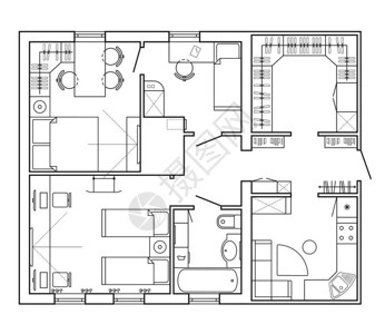 房子的黑白建筑计划公寓的布局与图纸视图中的家具有厨房和浴室图片