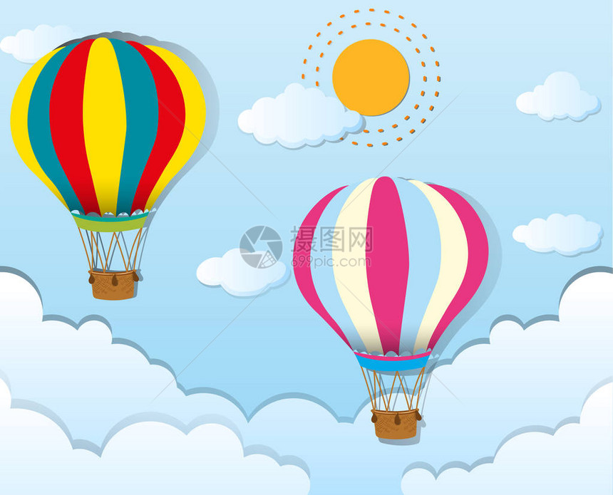 两个气球在蓝天飞行插图图片