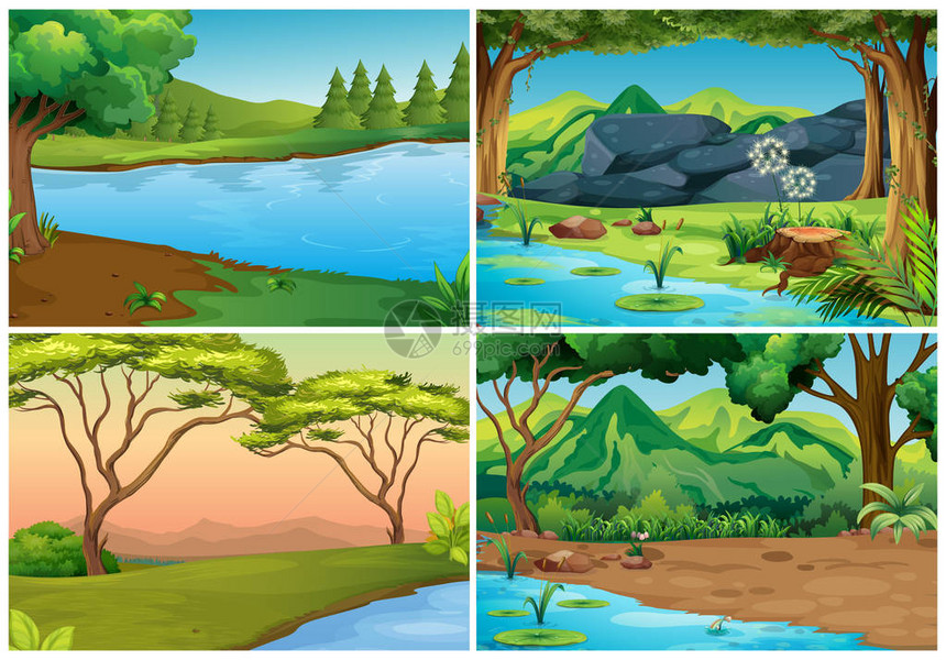四个场景的森林插图图片