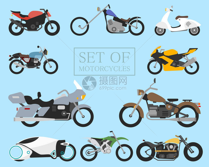 摩托车图标集复古和现代的平板自行车赛车和街头摩托车在图片