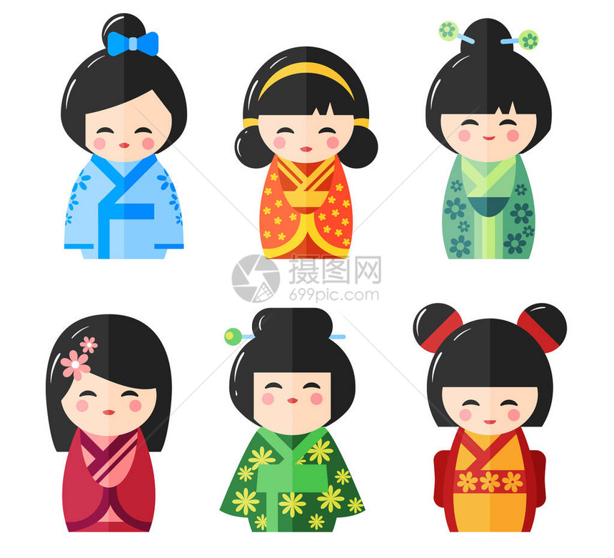 日本Kokeshi娃图标卡哇伊亚洲女孩穿着和服隔离在白色背景图片