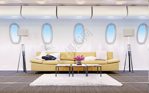 破窗器棕色沙发和咖啡桌的客机舱V插画