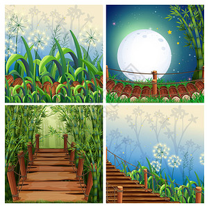 四个自然场景与木桥插图背景图片