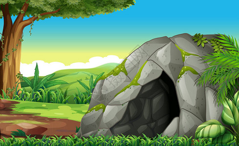 带有洞穴插图的森林场景背景图片