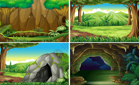 四个不同场景的森林插图图片