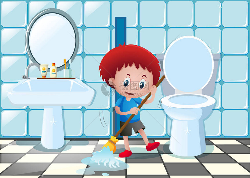 小男孩打扫厕所地板插图图片
