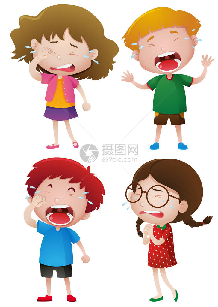 四个哭着的孩子插画图片