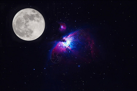 满月和大猎户星云M42NGC1976在暗夜深天空物体暴图片
