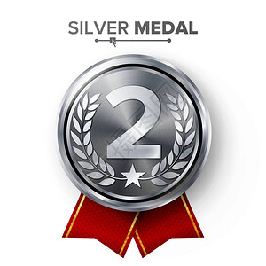 银牌第二名奖牌矢量获得第二名的金属逼真徽章用红丝带图片