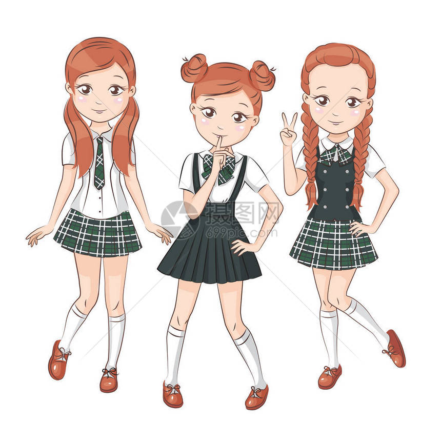 为您设计的一组不同发型和不同时尚校服的可爱女孩他们微笑并表现出不同的迹象向图片