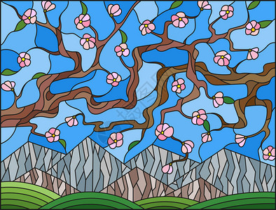 以山和天空为背景的樱花的彩色玻璃风格插图图片