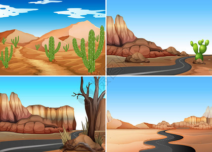 四个沙漠场景与空路插图背景图片