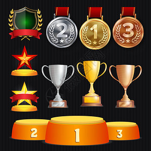 矢量奖项和奖杯收藏徽章和冠军设计一二三等奖金银图片