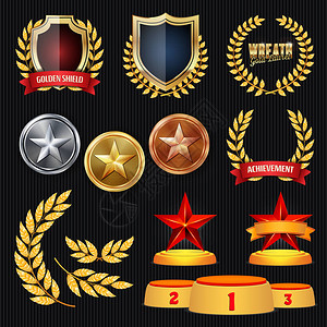 矢量奖项和奖杯收藏金色徽章和冠军设计一二三等奖金银图片