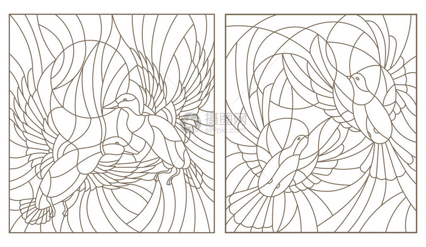在天空和太阳中设置彩色玻璃鸟对鸽子和图片