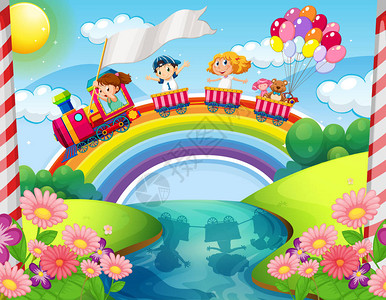 孩子们在彩虹插图上骑着火车图片