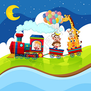 夜间乘坐火车的儿童和动物插画图片