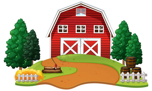 农场插图中的红色谷仓图片
