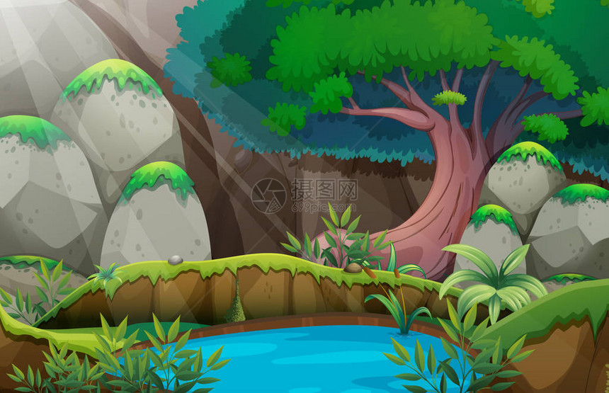 带水坑插图的森林场景图片