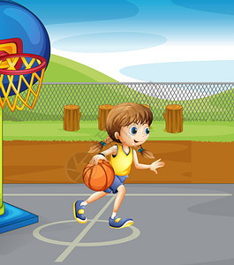 在球场上打篮球的女孩插画图片