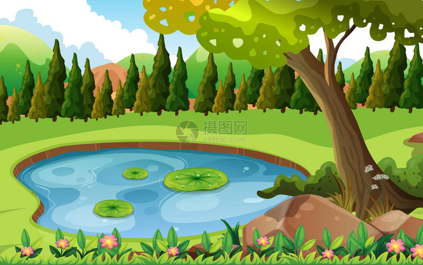 田野插图中带池塘的场景图片