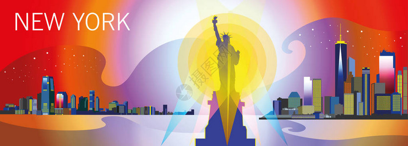 纽约城市的全景与自由雕像摩天大厦和明亮星图片