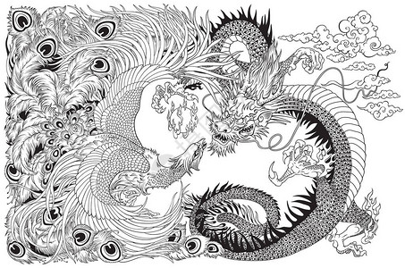 龙和凤与珍珠球玩耍黑白矢量插图BlackandWhenixFeng图片