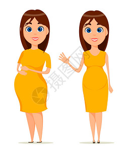 黄色礼服的逗人喜爱的孕妇美丽的黑发孕妇站在两个姿势母亲节快乐卡通图片
