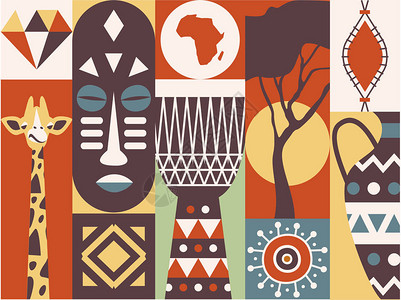 彩色非洲图标集的矢量插图设计图片