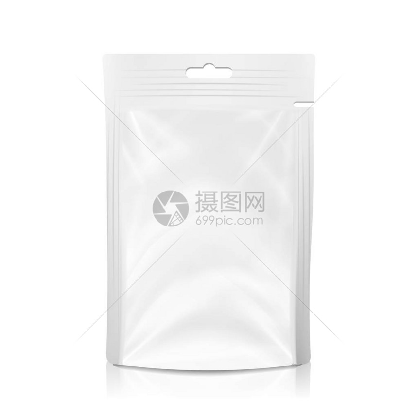 白色空白塑料口袋矢量塑料箔食品或饮料Doypack袋的逼真模拟板清洁挂槽包装设图片