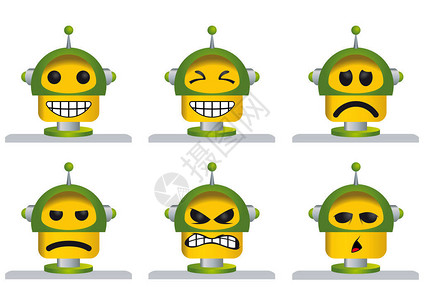 六张黄色绿的机器人脸悲哀愤怒和疲图片
