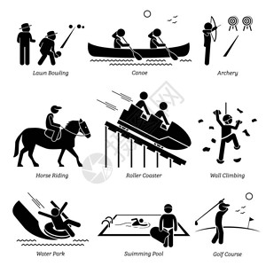 棒图描绘户外游戏草坪保龄球独木舟射箭骑马过山车攀岩水上乐园游泳池图片