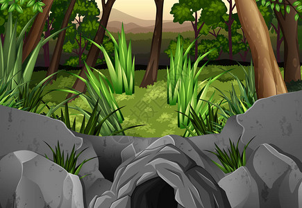 洞穴插图周围树木的森林场景图片