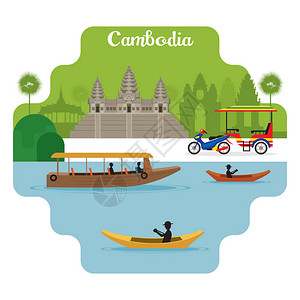 柬埔寨吴哥窟著名地方城市风景插画