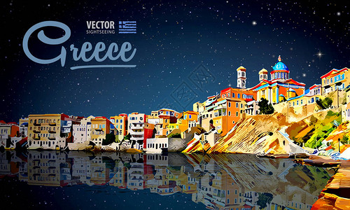 希腊假期清澈的大海和倒影岛屿全景城市景观星空图片