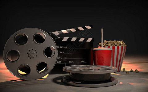电影业隔板和电影卷轴3D渲染图片